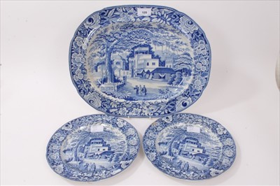 Lot 109 - Early 19th century Staffordshire blue and white transfer printed platter, decorated with an Oriental scene, and a pair of plates with matching pattern (3)