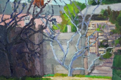 Lot 301 - David Britton, contemporary, oil on board - Back Garden, Mersea, signed, framed, 44cm x 54 cm