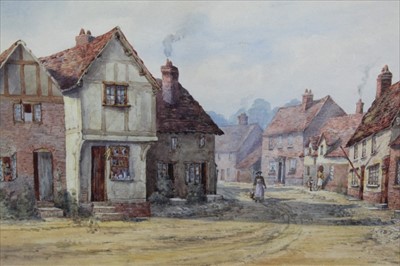 Lot 154 - English School, 19th century, watercolour - a village street, signed with initials F.L.B., in glazed gilt frame, 26cm x 35cm