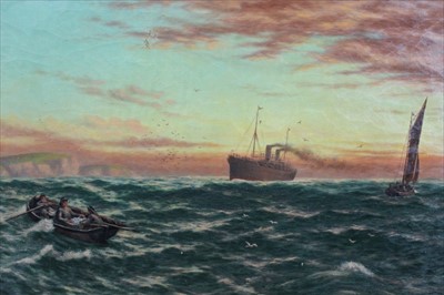 Lot 1119 - Sidney F. Cook, early 20th century, oil on canvas - a steamer and fishing boats off the coast, signed and dated 1918, in gilt frame, 34cm x 61cm