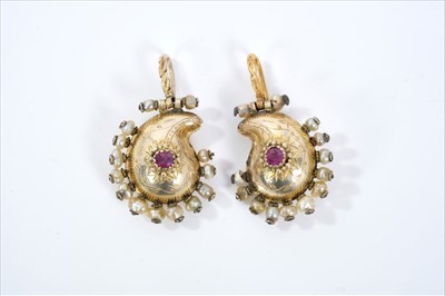 Lot 450 - Pair Indian gold, ruby and seed pearl earrings of bombé boteh form