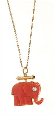 Lot 451 - Loris Abate 18ct gold and coral elephant pendant on chain