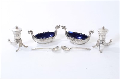 Lot 322 - Pair Norwegian Sterling silver salts in the form of Viking Longships, together with a pair of Norwegian Sterling silver cornucopia and two silver plated spoon. (qty)