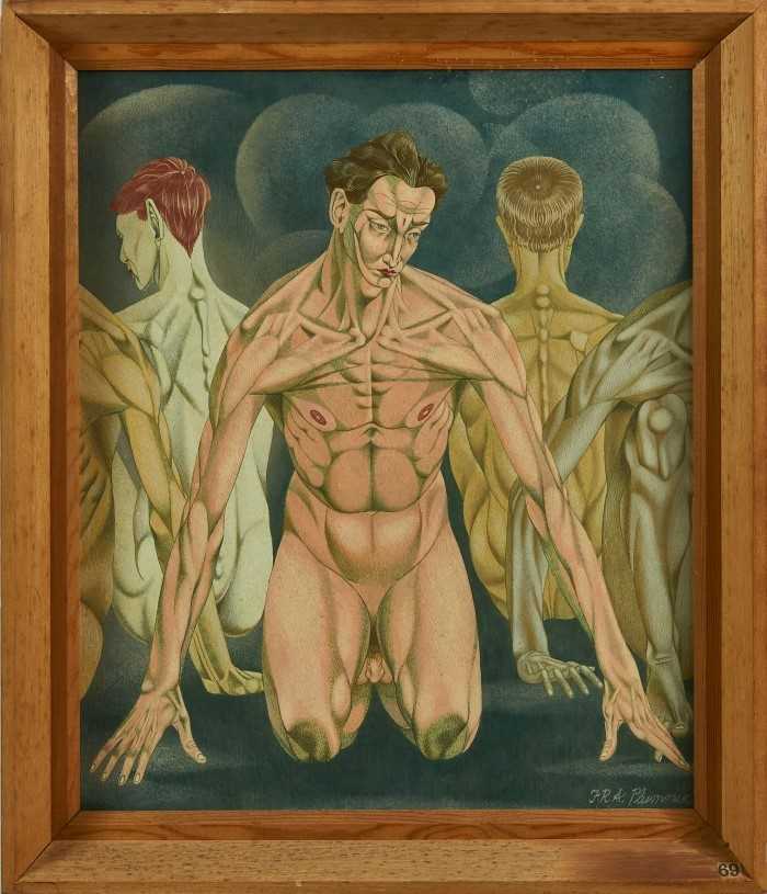 Lot 1184 - Francis Plummer (1930-2019) egg tempera on board - kneeling figures, signed, framed, 61cm x 50cm