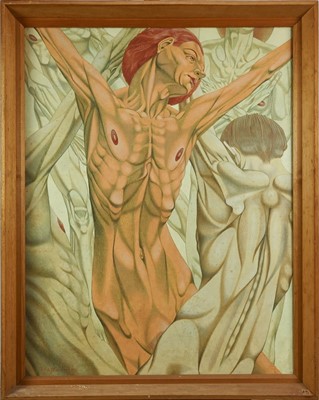 Lot 1195 - Francis Plummer (1930-2019) egg tempera on board - multiple figures, a pair, unsigned, framed, 84cm x 70cm
