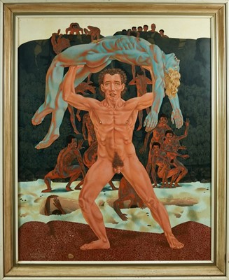 Lot 1199 - Francis Plummer (1930-2019) egg tempera on board - sacrificial dance, signed and dated August 1959, framed, 129cm x 100cm