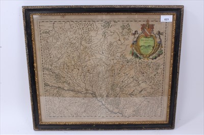 Lot 623 - Jan Jansson (1588-1664) hand coloured map - ‘Alsatia Inferior’ published Amsterdam, circa 1640, 36 x 43cm, glazed frame