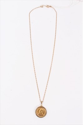 Lot 64 - Gold 1/10 Krugerrand, 1987, in 9ct gold pendant mount on 9ct gold chain
