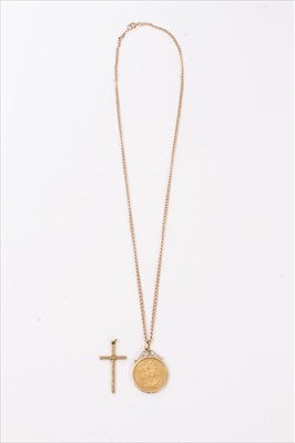 Lot 71 - Victorian gold sovereign 1887 in pendant mount on chain together with a 9ct gold cross pendant