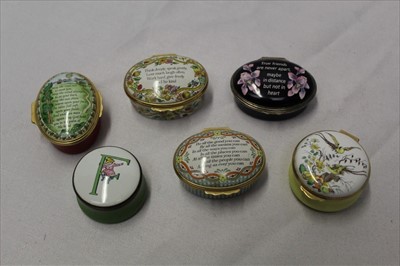 Lot 91 - Four Halcyon Days enamel trinket boxes all with verse plus two Crummles enamel boxes
