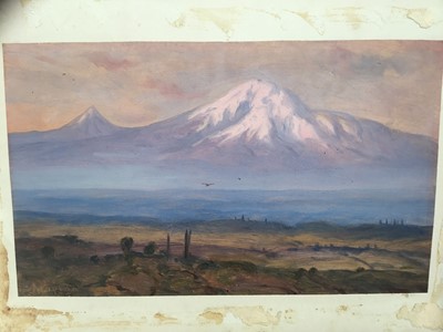 Lot 21 - Continental School, circa 1900, oil on paper mounted on board, Mountainous landscape, signed 'Akopian'