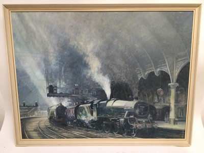 Lot 96 - Martin Bickley (b. 1947) oil on canvas - Locomotives in York railway station, signed, painted 1978