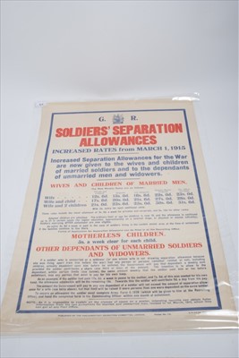 Lot 620 - First World War information poster- Soldiers' Separation Allowances increased rates from March 1915, published by the Parliamentary Recruiting Committee, London, poster no. 114. 81 x 55cm