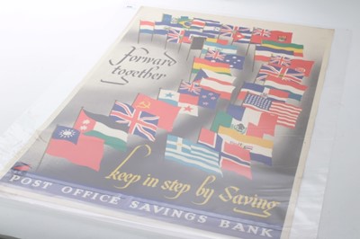 Lot 656 - Second World War Savings poster- Forward together keep in step by saving, Post Office savings bank. 76 x 50.5cm