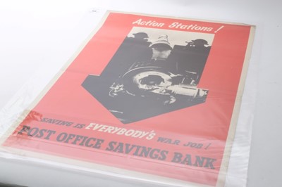 Lot 658 - Second World War Savings poster- Post Office savings bank, Action Stations! Saving is Everybody's War Job! 76.5 x 51cm