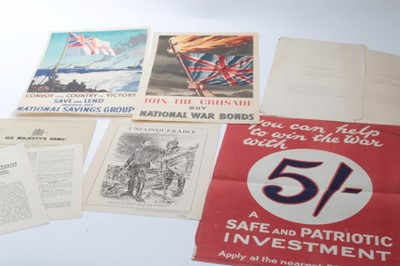 Lot 655 - Group of First and Second World War Savings and Recruitment related ephemera to include an enlistment poster with cartoon from Punch and three Second World War Savings posters of small size (9 item...