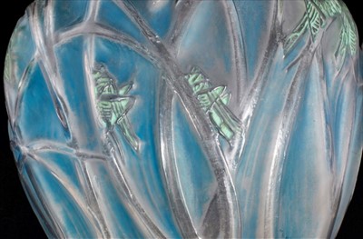 Lot 911 - René Lalique Sauterelles pattern vase, the frosted and clear glass decorated with a grasshopper design