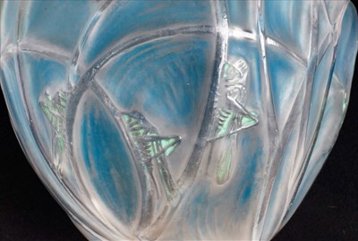 Lot 911 - René Lalique Sauterelles pattern vase, the frosted and clear glass decorated with a grasshopper design