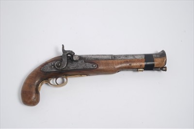 Lot 816 - Unusual 19th century Indian trade percussion blunderbuss pistol with flared two-stage barrel, sidelock converted from flint, walnut stock and brass furniture, the stock stamped '83 RGT. Lahore 4...