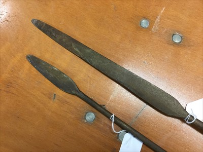 Lot 780 - Two Antique African Tribal spears, together with two African carved wood staffs (4)