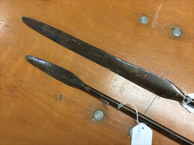 Lot 780 - Two Antique African Tribal spears, together with two African carved wood staffs (4)
