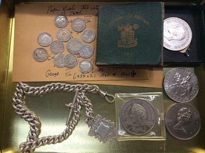 Lot 666 - Silver Albert chain and various coins