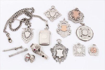 Lot 105 - Group of silver fobs, together with a silver Albert chain, silver Vesta case and propelling pencils