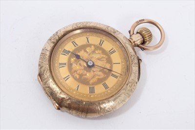 Lot 106 - Ladies Swiss 9ct gold cased fob watch with gilded roman numerical dial and blued steel hands