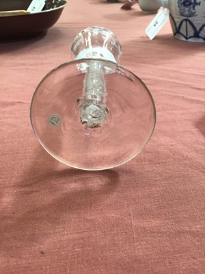 Lot 2 - Fine Georgian wine glass, the funnel bowl painted in the Beilby style with grapevines in white enamel, on a double series opaque twist stem, on a conical foot, circa 1770, 14.25cm height