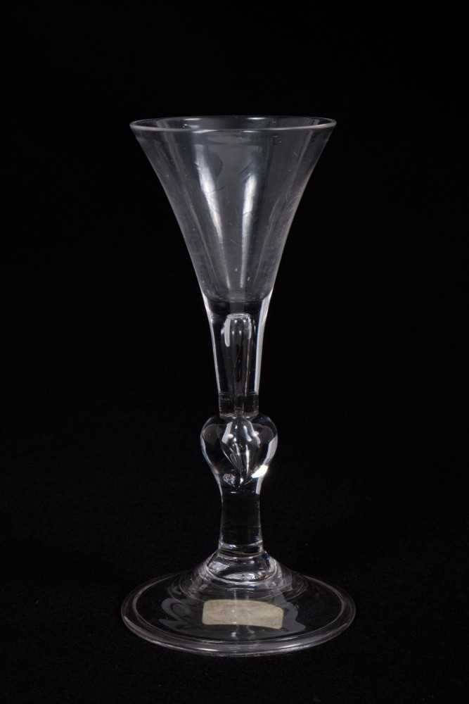 Lot 1 - Georgian Kit Kat style baluster wine glass, with a trumpet bowl on teardrop stem with inverted baluster knop, on a folded conical foot, circa 1750, 15.25cm height