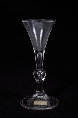 Lot 1 - Georgian Kit Kat style baluster wine glass, with a trumpet bowl on teardrop stem with inverted baluster knop, on a folded conical foot, circa 1750, 15.25cm height
