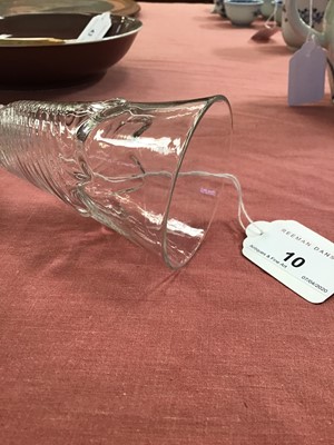 Lot 10 - Georgian flamiform wrythen ale glass, the moulded round funnel bowl on a folded conical foot, circa 1750, 13.75cm height