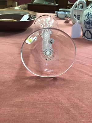 Lot 18 - Georgian wine glass, with a bell-shaped bowl on a single series spiral gauze opaque twist stem, above a conical foot, circa 1760, 18cm height