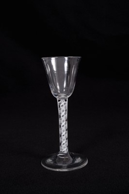 Lot 9 - Georgian wine glass, with a round funnel bowl on a double series opaque twist stem, above a conical foot, circa 1760, 15cm height