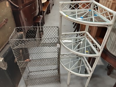Lot 902 - Three Lloyd loom linen baskets, three tier painted bamboo corner unit together with a wire work plant rack
