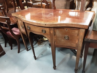 Lot 903 - Early 20th century mahogany bowfront sideboard with crossbanded top, inlaid decoration on square tapered legs