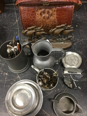 Lot 151 - Crocodile skin handbag, pewter sundries.