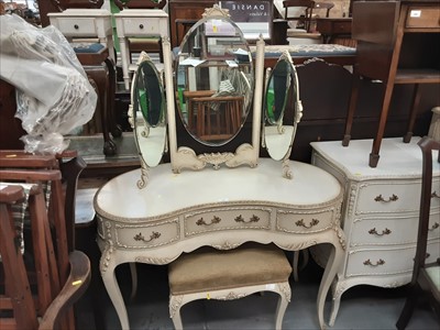 Lot 955 - French style cream painted dressing table with triple mirror and stool
