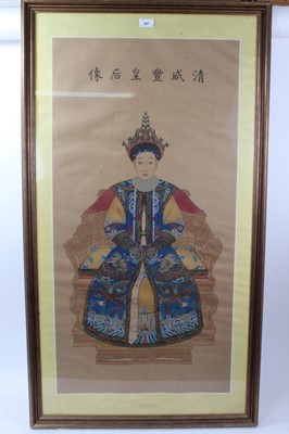 Lot 63 - Fine Chinese ancestral portrait on silk of Empress in blue dragon robe. Possible a  silk scroll  framed and glazed.