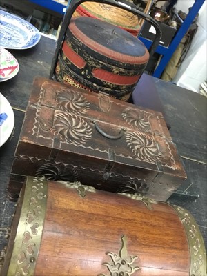 Lot 156 - Chinese papier mâché stacking vessel, another in rattan, boxes and cased cutlery
