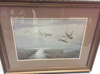 Lot 68 - Geoffrey Kent pastel - Canada Geese in flight, Kit Brooks rural pastel and a coastalwatercolour (3)