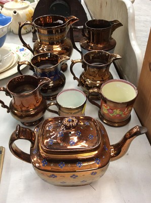 Lot 470 - Collection of 19th century copper lustre jugs, tea pot and two cups