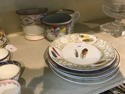 Lot 189 - Victorian twin handled mug with presentation inscription and dated 1858 together with a Chamberlains Worcester plate, Chinese porcelain plate and other ceramics