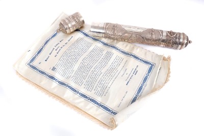 Lot 254 - Burmese silver scroll cylinder, engraved Rangoon 15-3-30 housing printed silk banner dedicated to Hubert Shorrock Ashton Esq