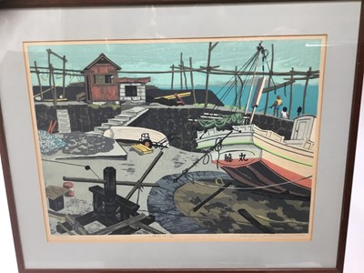 Lot 13 - Fumio Kitaoka (1918-2007) wood block print - Harbour scene, signed and numbered