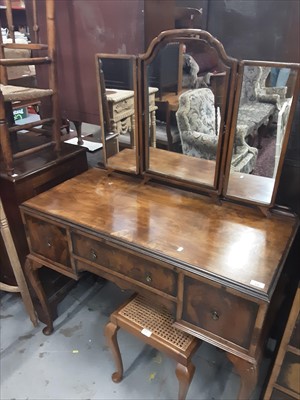 Lot 936 - Suite of walnut bedroom furniture comprising dressing table and stool, cabinet and bedside cabinet