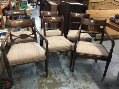 Lot 943 - Harlequin set of six George III mahogany bar and rope back dining chairs comprising two elbow chairs and four standards