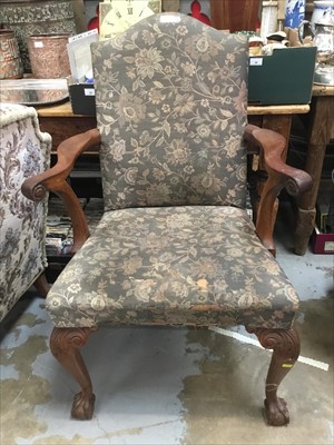 Lot 976 - Six Queen Anne-style walnut dining chairs with floral brocade upholstery on carved cabriole legs on claw and ball feet