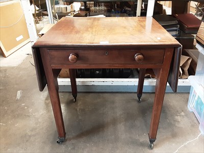 Lot 965 - Antique mahogany drop flap side table with single drawer on square legs with brass capped castors