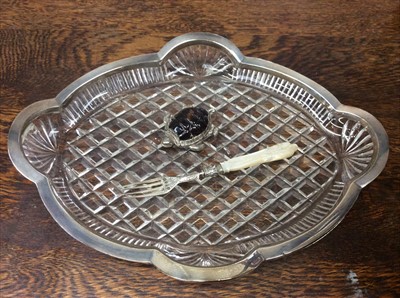 Lot 668 - Silver rimmed cut glass tray, silver fork with mother of pearl handle and novelty tortoise vesta case